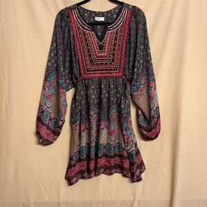Lines Domani XL Boho Artsy Multicolor Long Sleeve Mini Dress with Embroidery